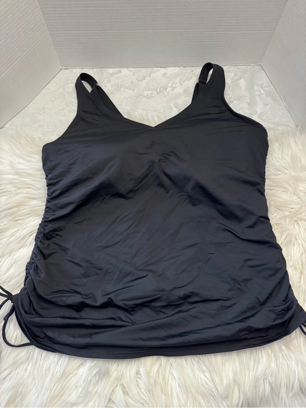 Lands' End 18W DDD Cinch Sides V Neck Underwire Tankini Swimsuit Top Black Slim
